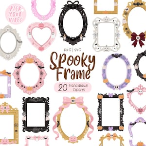 May include: A collection of 20 digital frames featuring Halloween motifs like pumpkins, ghosts, bats, skulls, and spiderwebs in various shapes and colors including pink, black, and gold. The text reads Pick Your Vibes, PNG | SVG, Spooky Frame, 20 Hand drawn Cliparts.