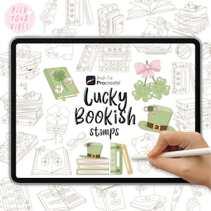 May include: A digital art illustration featuring a tablet displaying "Lucky Bookish Stamps" for Procreate. The design includes various book and St. Patrick's Day themed illustrations, such as books, shamrocks, and a leprechaun hat. The words "Pick Your Vibes" are also visible.