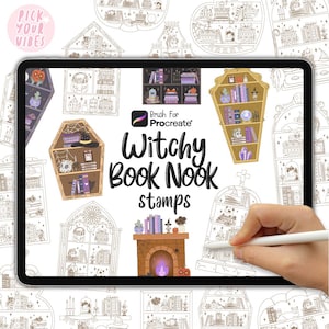 May include: A digital tablet screen displaying a collection of Witchy Book Nook stamps for Procreate. The screen features various illustrations of bookshelves, a fireplace, and decorative items in a purple and orange color palette.