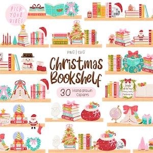 May include: A collection of 30 hand-drawn digital illustrations featuring Christmas-themed bookshelves, stacks of colorful books, holiday wreaths, Santa hats, gift bags, and festive decorations with the text Christmas Bookshelf PNG SVG.