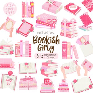 May include: A digital collection of 25 pink-themed bookish illustrations featuring stacks of books, open books with roses, gift-wrapped books, and a pink mug with the text I LOVE BOOK. The graphic set includes various book designs with ribbons.