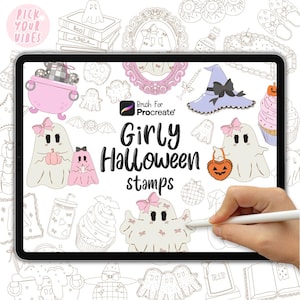 May include: A digital tablet screen displaying a collection of Halloween-themed stamps for Procreate. The screen features illustrations of ghosts with pink bows, a witch hat, a cupcake, and a cauldron, with the text Girly Halloween stamps.