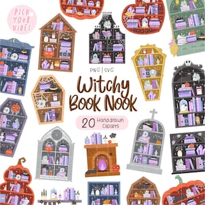 May include: A collection of 20 digital illustrations featuring various bookshelves, fireplaces, and pumpkins in diverse shapes like coffins and houses. The graphics include purple and orange books, skulls, crystals, and witch hats with the text Witchy Book Nook.