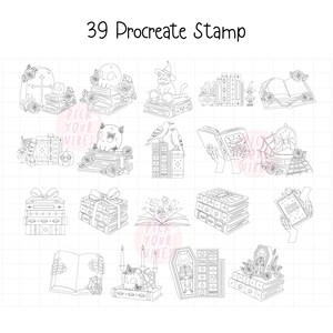 May include: A digital collection of 39 Procreate stamp illustrations featuring line art designs of skulls, books, cats, ravens, hands, candles, and coffins. The black and white graphics are arranged in a grid format on a light background.