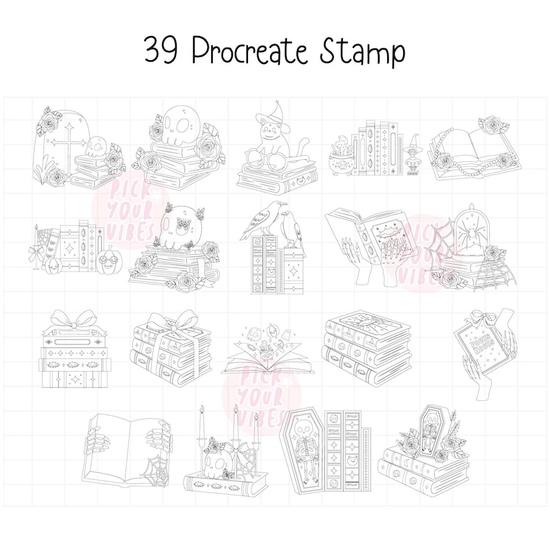 May include: A digital collection of 39 Procreate stamp illustrations featuring line art designs of skulls, books, cats, ravens, hands, candles, and coffins. The black and white graphics are arranged in a grid format on a light background.