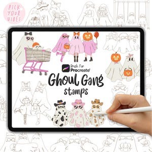 May include: A digital tablet screen displaying a collection of ghost illustrations titled Ghoul Gang stamps for Procreate. The graphics feature various ghosts wearing accessories like sunglasses, hats, and bows, with some holding pumpkins or riding in a shopping cart.