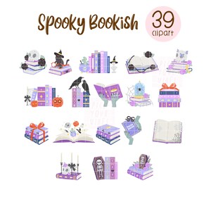 May include: A collection of 39 digital illustrations titled Spooky Bookish, featuring stacks of purple and blue books, skulls, black cats, pumpkins, ravens, spiderwebs, candles, and hands holding open books with magical elements and floral accents.