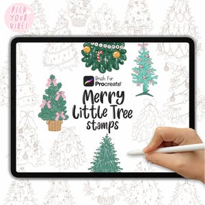 May include: A digital tablet screen displaying a collection of Christmas tree stamps for Procreate. The screen features various line art and colored illustrations of decorated trees, with the text Merry Little Tree stamps and Pick Your Vibes.
