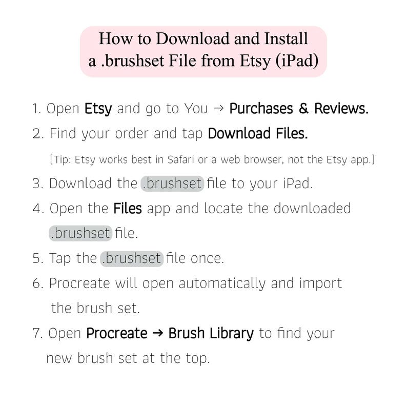 May include: A white instructional graphic with black text titled How to Download and Install a .brushset File from Etsy (iPad). It lists seven numbered steps for downloading files from Etsy, using the Files app, and importing them into Procreate.