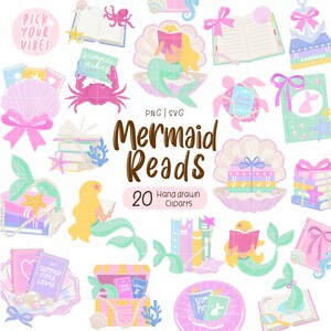 Op de afbeelding: Een digitale collectie van 20 handgetekende cliparts genaamd Mermaid Reads, met illustraties van zeemeerminnen, open boeken, stapels boeken, schelpen, krabben en schatkisten in een kleurenpalet van pastelroze, blauw, geel en groen.
