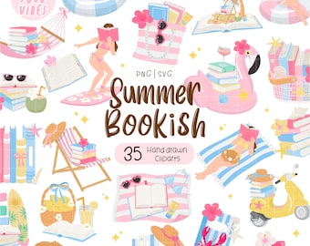 May include: A collection of hand-drawn summer-themed clip art illustrations. The images feature books, beach accessories, and leisure activities, including a flamingo float, a scooter, and a beach chair. The text "Summer Bookish" is displayed prominently.