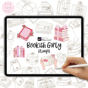 May include: A digital tablet screen displaying a collection of line art stamps featuring books, roses, bows, and gift boxes. The text on the screen reads Brush For Procreate Bookish Girly stamps. The background is filled with various book-themed illustrations.