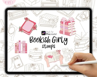 May include: A digital tablet screen displaying a collection of line art stamps featuring books, roses, bows, and gift boxes. The text on the screen reads Brush For Procreate Bookish Girly stamps. The background is filled with various book-themed illustrations.