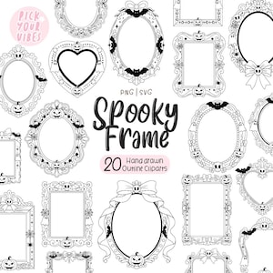 May include: A collection of 20 black and white hand-drawn digital clip art frames featuring Halloween motifs like pumpkins, bats, ghosts, skulls, and spiderwebs. The text reads Pick Your Vibes, PNG | SVG, Spooky Frame, and 20 Hand drawn Outline Cliparts.