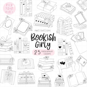 Könnte beinhalten: Schwarz-Weiß-Illustrationen von Büchern, Geschenken und dekorativen Elementen. Der Text "Bookish Girly" ist zu sehen, zusammen mit "25 Hand drawn Cliparts". Enthält Bilder von Büchern mit Schleifen, Herzen und Rosen.