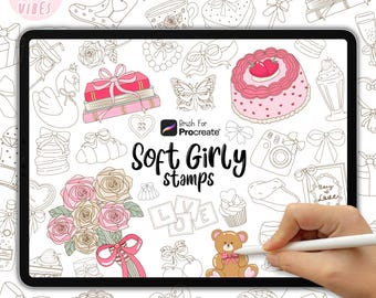 May include: A digital illustration on a tablet featuring various soft, girly stamps. The stamps include a cake, roses, bows, a teddy bear, and the text "Soft Girly stamps". A hand is holding a stylus.