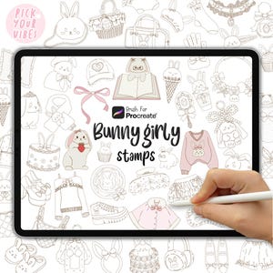 May include: A digital art illustration on a tablet, featuring a collection of bunny-themed stamps for Procreate. The stamps include various accessories, clothing, and bunny characters. The text "Bunny girly stamps" is displayed on the screen.