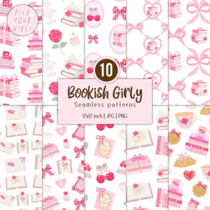 Puede incluir: Diez patrones sin costuras "Bookish Girly" en rosa y blanco, con libros, lazos y rosas. La imagen incluye el texto "Pick Your Vibes" y las dimensiones 30,5 x 30,5 cm. Adecuado para proyectos de manualidades.