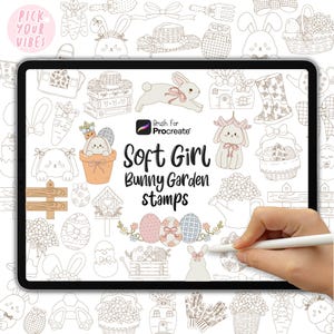 55 Soft Girl Bunny Garten Procreate Briefmarken | Niedliche Osterhasen Pinsel Set | Pastelcore Cottage iPad Stempelpinsel | Ostern-Doodle Pinselstempel