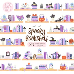 May include: A digital collection of 30 hand-drawn cliparts featuring a spooky bookshelf theme. The graphics include stacks of purple and blue books, witch hats, jack-o'-lanterns, skulls, black cats, and candles, all arranged on wooden shelves.