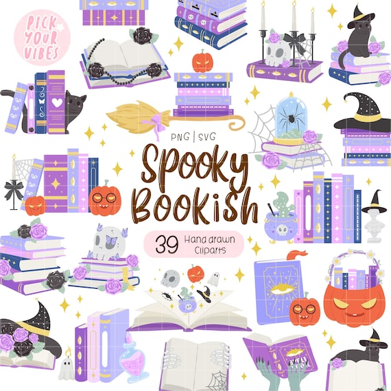 39 Spooky Bookish Clipart PNG SVG, Hand Drawn Halloween Book Clipart, Witch Books, Black Cat Clipart, Ghost Book Stack, Cute Spooky Library