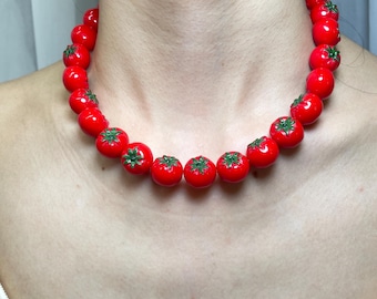 Silver Color Resin Tomato Necklace,Realistic Fruit Beaded Necklace,Whimsical jewelry