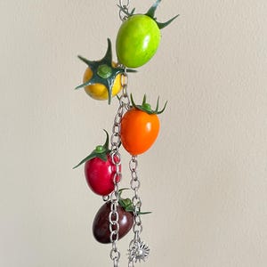 May include: A silver-toned metal chain keychain featuring five miniature tomato-shaped charms in varying colors including light green, yellow, orange, red, and dark brown. Each tomato charm has a small green plastic stem attached to the top.