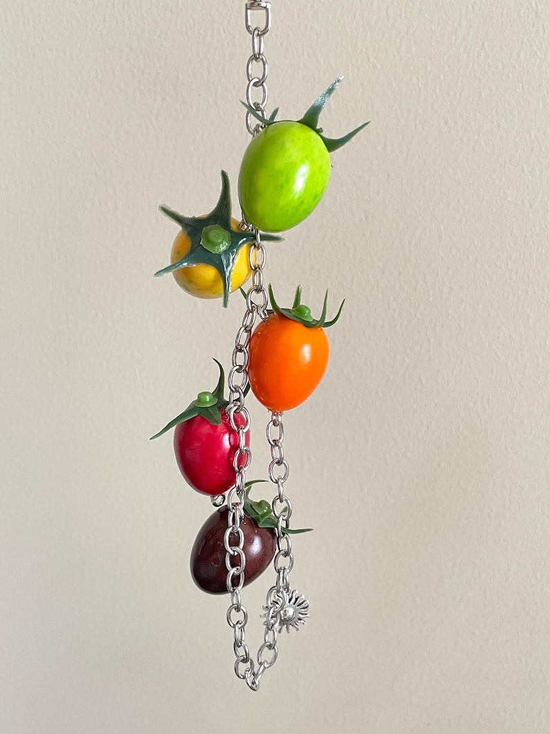 May include: A silver-toned metal chain keychain featuring five miniature tomato-shaped charms in varying colors including light green, yellow, orange, red, and dark brown. Each tomato charm has a small green plastic stem attached to the top.