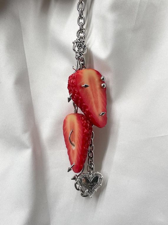 Realistic strawberry Keychain, Y2K Star Punk Bag Charm, Silver Studded Fruit Jewelry Accessory