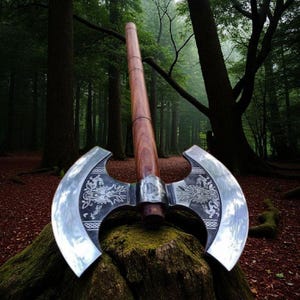 Könnte beinhalten: Eine Doppelkopf-Axt mit poliertem Stahlkopf und Holzgriff. Der Axtkopf weist verzierte, gravierte Designs auf. Der Griff ist dunkelbraun. Die Axt wird im Freien auf einem moosbewachsenen Baumstumpf ausgestellt.