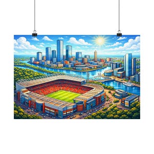 Red Manchester Skyline Poster | Daytime City Print | Football Stadium Wall Art | Modern UK City Artwork | Football Fan Gift