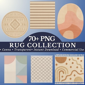 May include: A selection of rugs in different shapes and patterns. The image shows a round rug with a geometric design, a square striped rug, and an oval rug with abstract shapes. The text "70+ PNG RUG COLLECTION" is also visible.