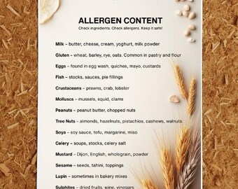 Country-Style Allergy Poster | Printable Food Allergen Chart | Baking | Cooking Lessons | Cafe | pubs kitchens