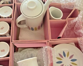 Vintage MCM Japan Tea Set for Six: Blue Pink Leaf Design, Original Box