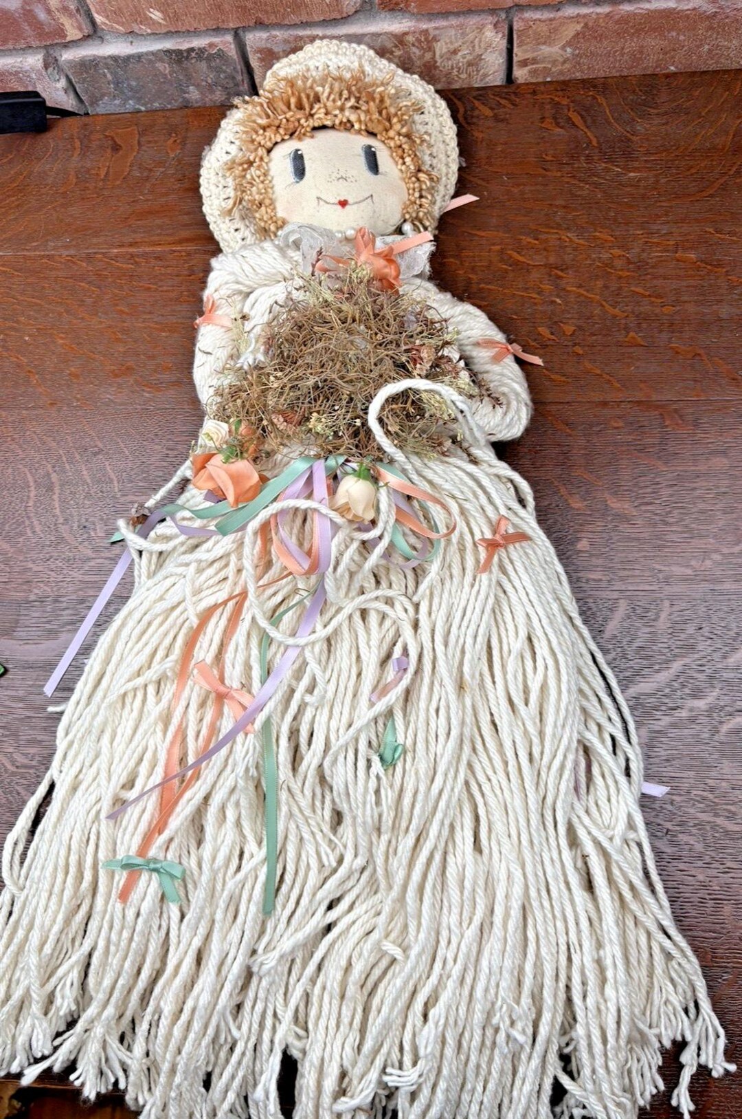 Vintage Mop Doll Handmade Country Doll Crocheted Hat Ribbons Birds Nest ...