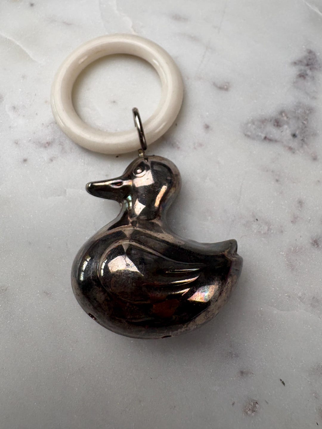 Vintage Silver-plated Duck Baby Rattle With a Plastic Teething Ring ...