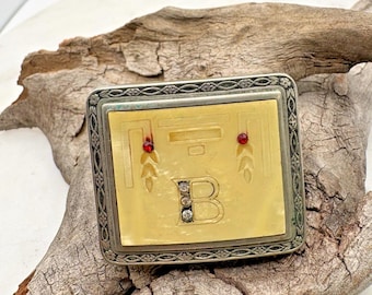 Vintage Belt Buckle Silver Plated Slide Buckle Celluloid Inlay art deco