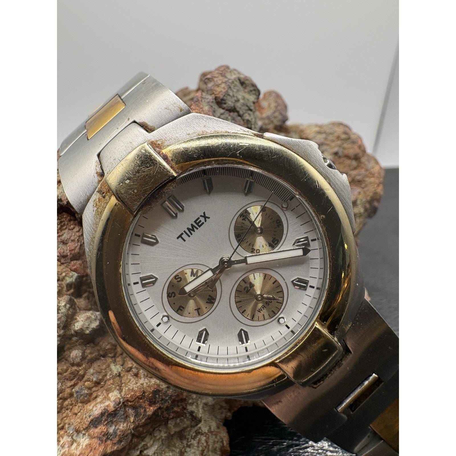 Timex Mens Watch Day Date 38mm Two Tone Case Band Vintage Rare Quartz ...