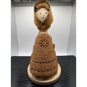 Pode incluir: Boneca artesanal com touca e vestido de casca de bétula. O rosto da boneca é simples, com dois pontos para os olhos e um ponto para a boca. O vestido apresenta intrincados desenhos recortados e é montado sobre uma base de madeira.