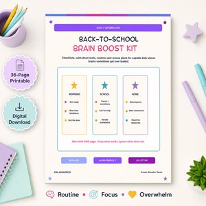 ADHD Back-to-School Printable Kit for Kids, Executive Function & School Routine Worksheets