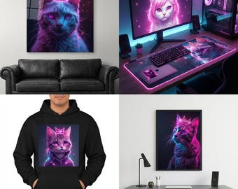 10 Neon Cyberpunk Cat Wall Art Bundle, Gamer Room Decor, Futuristic Animal Print, Pink Purple Aesthetic, Digital Download, Cat Lover Gift
