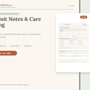 ペットシッター訪問記録とケアログ、入力可能なPDFおよび編集可能なDOCX、印刷可能なペットシッターレポートテンプレート