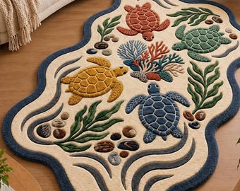 Handmade Sea Turtle Tufted Rug | Irregular Shaped Coastal Decor | Ocean Theme 3D Carved Wool Area Carpet