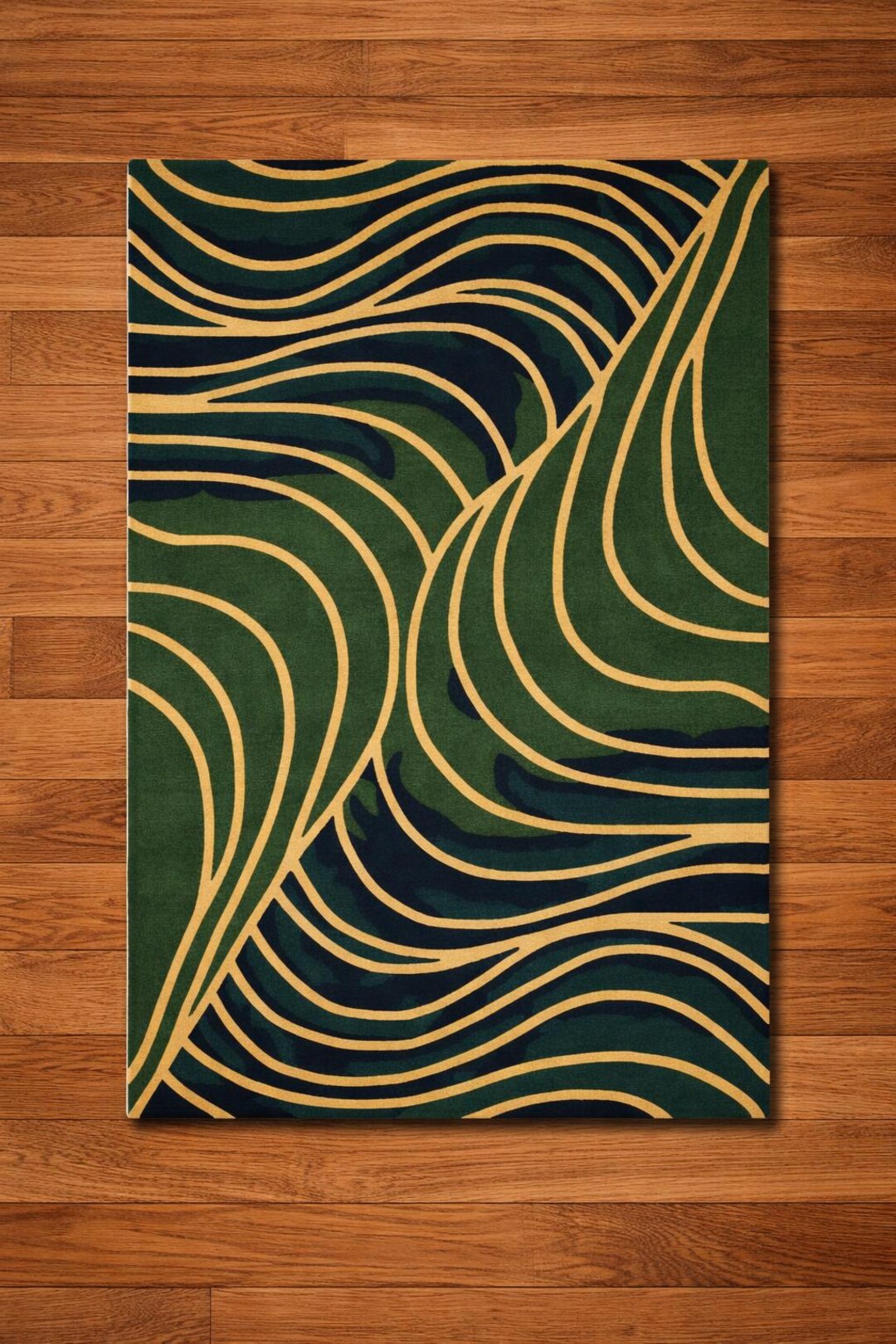 Green Abstract Area Rug – Modern Gold Wave Design - Etsy
