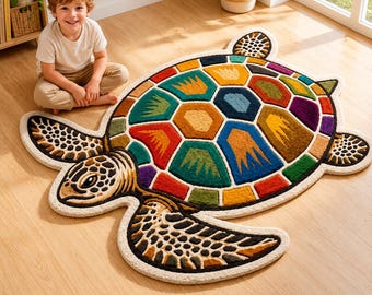 Handmade Turtle Tufted Wool Rug, Colorful Sea Turtle Kids Room Rug, Ocean Animal Area Carpet, Cotton Backed Nursery & Playroom Decor