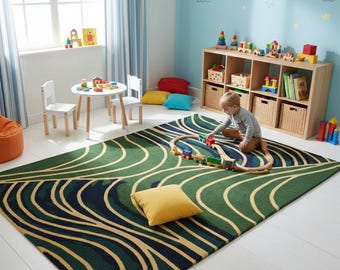 Modern Abstract Rug, Green Wave Pattern with Gold Lines, Contemporary Tufted Living Room Carpet