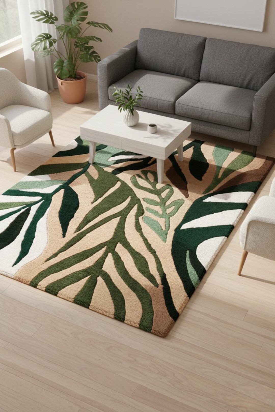 Hand Tufted Botanical Rug – Modern Green Leaf Design, Indoor/outdoor - Etsy