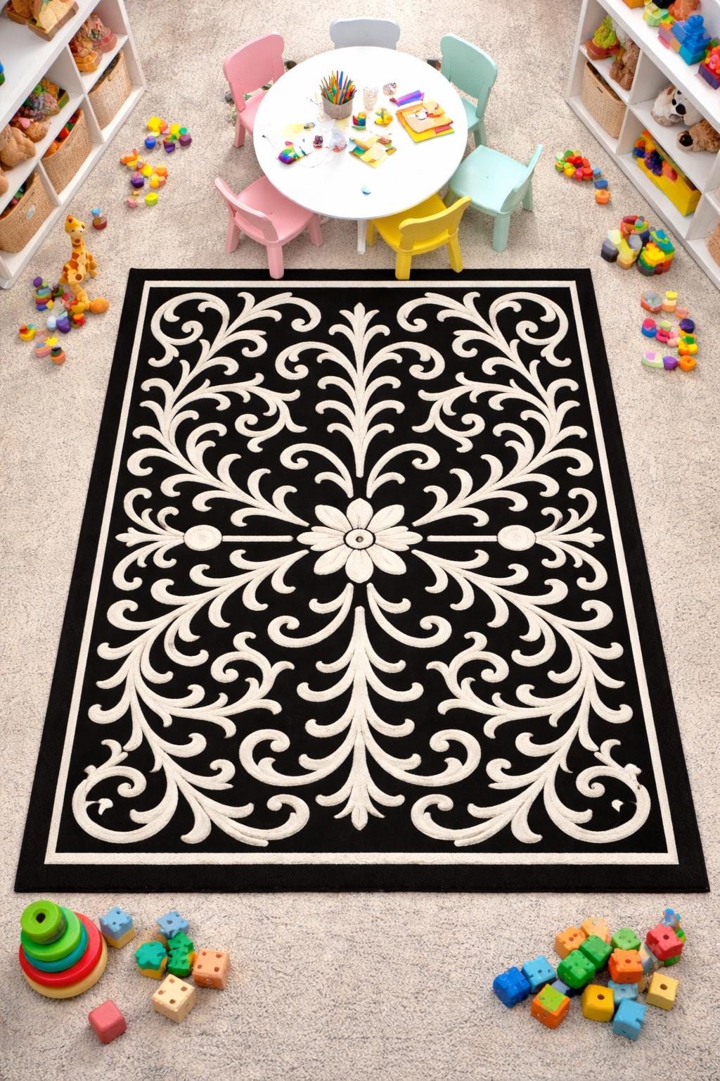 Vintage Black and White Floral Rug | Elegant Scroll Carpet - Etsy