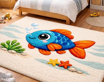 Kids Fish Rug, Cutes Ocean Animal Rug, Colorful Tufted Nursery Carpet, Playroom Decor Rugs