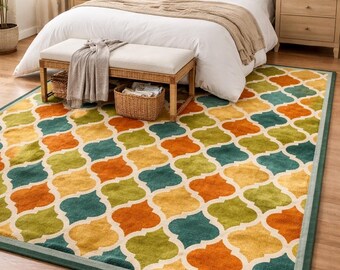Boho Pattern Rug, Moroccan Tile Design Carpet, Multicolor Tufted Area Rug for Living Room